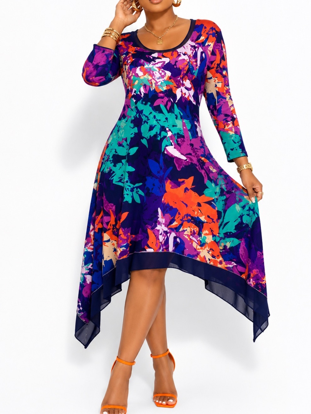 Cable & Gauge Purple Teal Orange Floral Handkerchief-Hem Dress